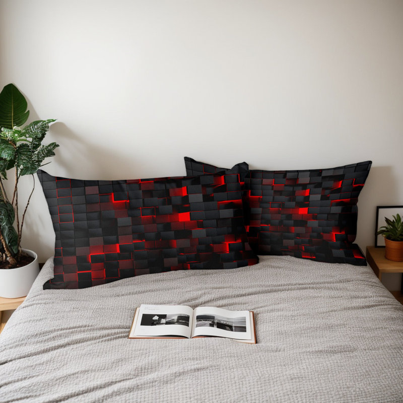 Red And Black Geometric Microfiber Duvet Cover Set With Pillowcases, Digital Print Block Pattern Front With Solid Black Back, Reversible Bedding, Twin, Comforter And Pillow Inserts Not Included