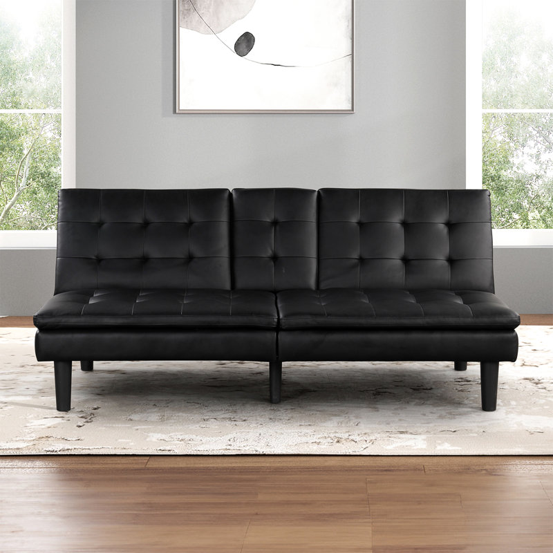 Contemporary Futon In Black With Biscuit Tufting, - A & C Chargers, Drop Down Table And Cup Holders, Easy Bed Conversion, 35.5"D Depth 2 Seat, 71.5"W X 32"H