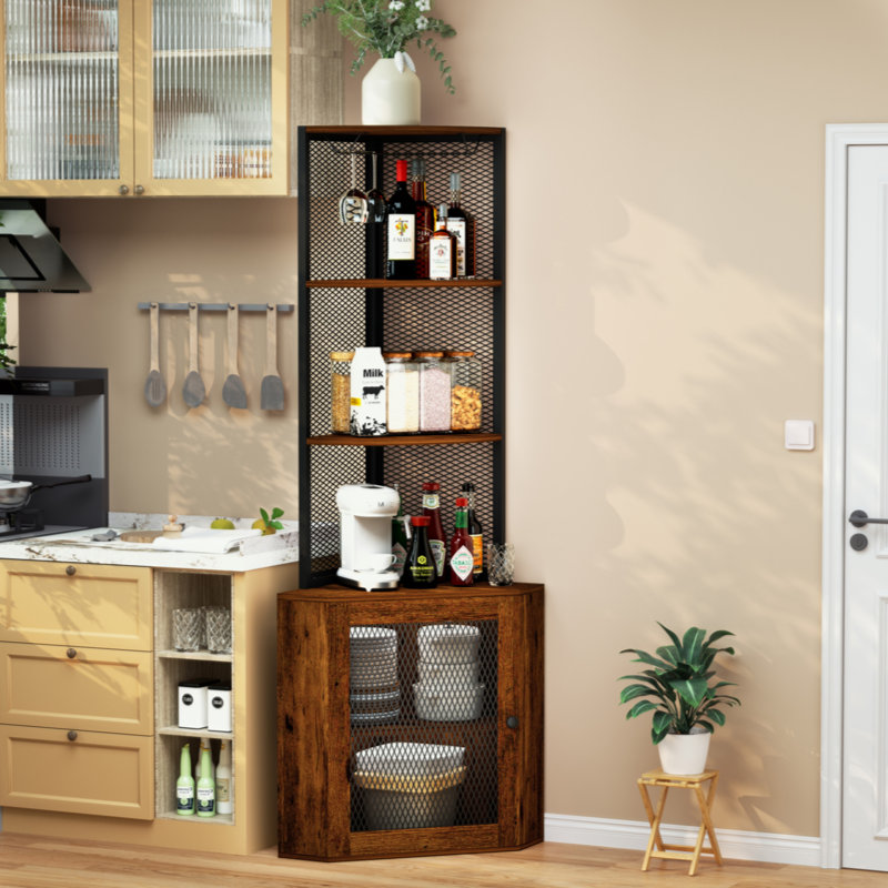 Corner Shelf With Doors, 65" Corner Cabinet With Shelves & Wine Glass Rack, 6 Tier Bookshelf Display Corner Shelves, Freestanding Corner Storage Stand For Kitchen, Living Room, Balcony