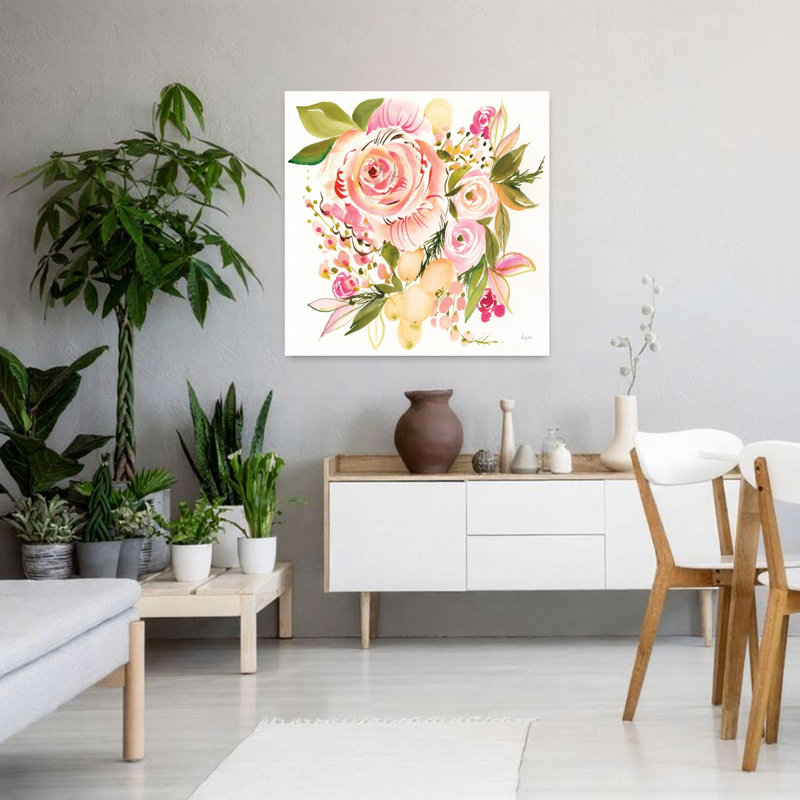Bouquet de mariée abstrait, art contemporain de fleur rose, H 36 po x l 36 po