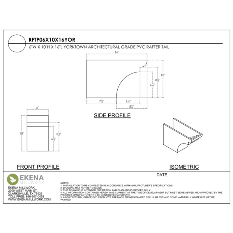 6"W x 10"H x 16"L Standard Yorktown Architectural Grade PVC Rafter Tail, 10"H x 6"W x 16"D