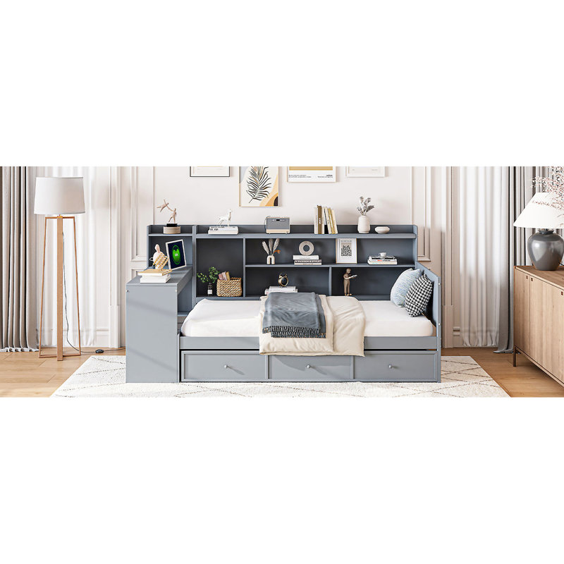 Lit de jour simple avec 3 tiroirs et bureau en gris - Tiroirs de rangement en bois et en bois de pin, Lit simple, Gris