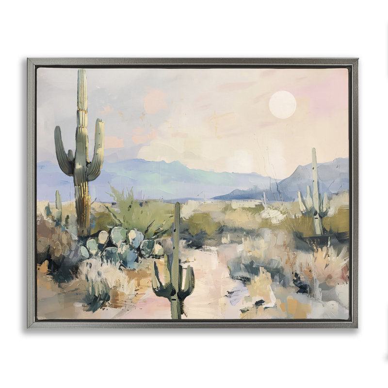 «Prairie Desert with Cacti Gold Floater», art mural par Annabelle Hall, H 17 po x l 21 po, Cadre flottant gris lustré