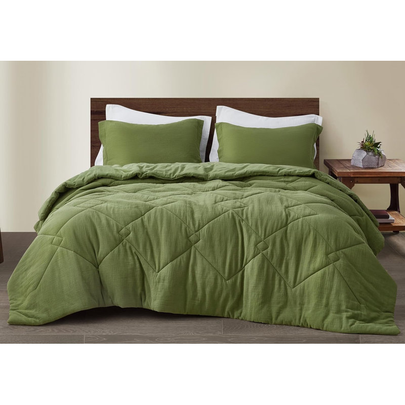 Skye Cotton Gauze Thin Comforter Set, Oversized King Comforter + 2 King Shams, Olive