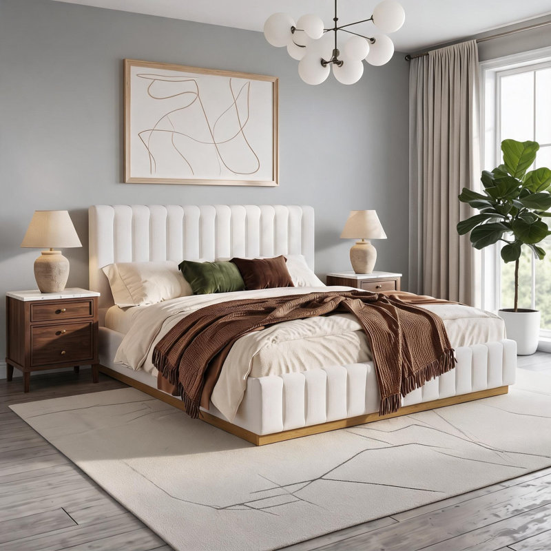 Très grand lit plateforme pour chambre à coucher, base en bois massif recouvert de lin beige doux avec tête de lit épaisse