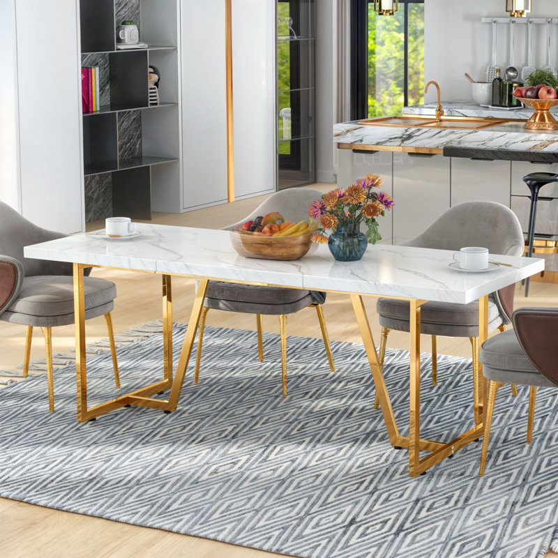 Kendrik 82.67'' L x 31.5'' W Dining Table with Rectangular Faux Marble Tabletop for 6-8 People, Gold, White