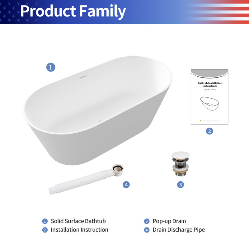 Rainlex 63" Matte White Stone Resin Freestanding Oval Bathtub