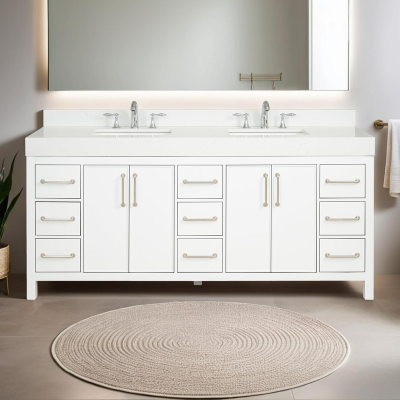  Valvet 72 Inch Bathroom Vanity with Sink, White – 100% Premium Solid Wood Vanity Cabinet – 4" Thick Quartz Countertop – Water-Resistant Finish – Fully Assembled