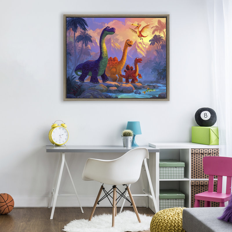 Cadre flottant «Dinosaur Friends In The Jungle», design par Wumples, H 25 po x l 31 po, Cadre flottant orme Montalcino