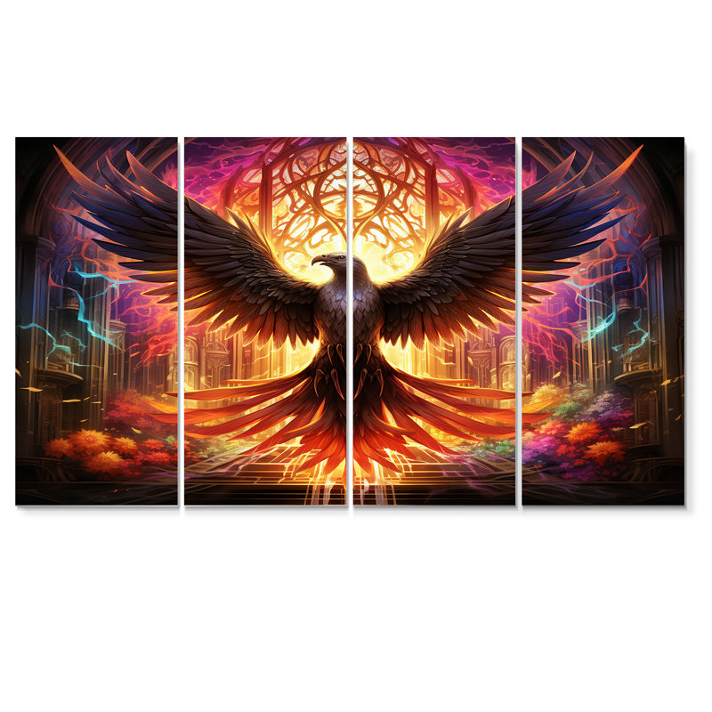 Arc-en-ciel «Phoenix Rising From The Asher» - ensemble de 4 décorations murales Phoenix, H 32 po x l 64 po