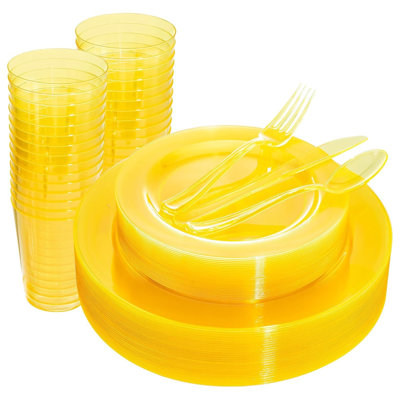 25 Guest Blue Plates -Neon Clear Plastic Dinnerware include 25 Dinner &Salad Plates,25Forks, 25 Knives, 25 Spoons,25 Cups for Graduation