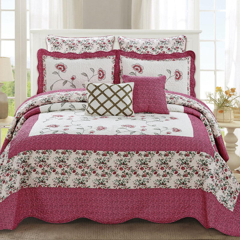 Ensemble de courtepointe 7 pièces Saïgon, Courtepointe très grand + 6 pièces supplémentai, Rose
