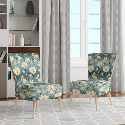 Essence Petals Blooms Floral Pattern - Upholstered Farmhouse Side Chair, White Accent Chair