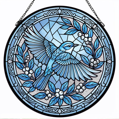 Blue Bird Stained Glass Window Panel，7.8H