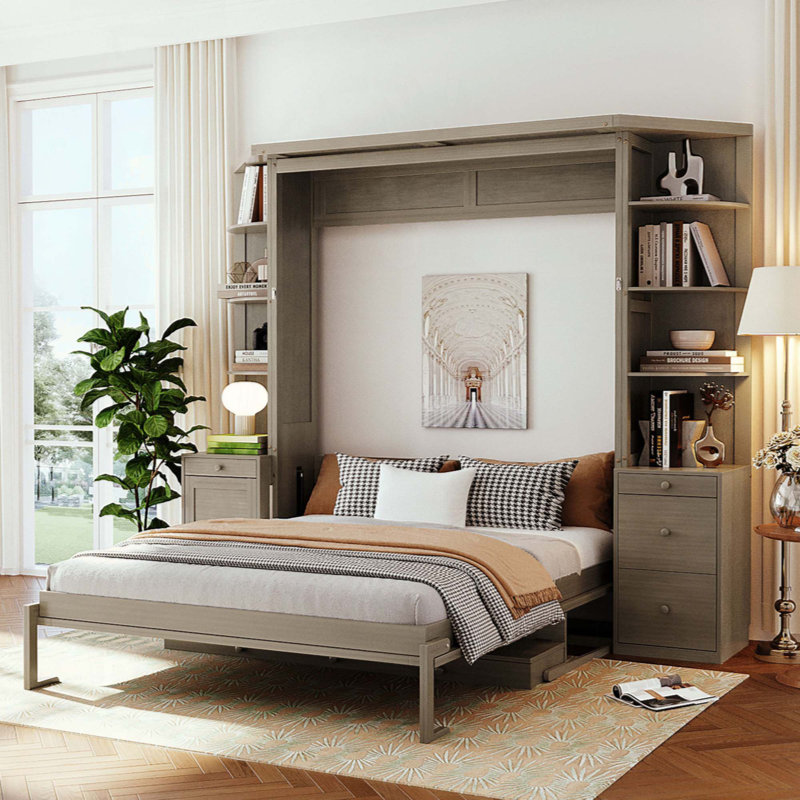 Murphy Bed With Desk, Storage Shelves, And Cabinets, Space-Saving Home Office Solution, Gray