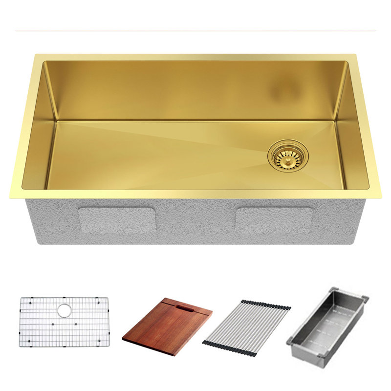 HIGOLD 33'' L Single Bowl Stainless Steel Workstation Kitchen Sink with Cutting Board Colander Accessories, 33"W × 18"D × 10"H, 952624-3427T1