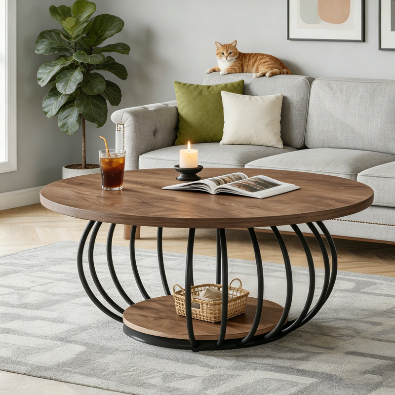 39.5" Round Coffee Table, 2-Tier Accent Centre Cocktail Table with Storage Shelf