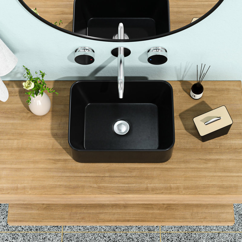 Matte Black 16"X12" Ceramic Bathroom Sink. Contemporary And Classic Feel. Ceramic, Low Water Uptake. Stain-, Smooth Surface. Above Counter Installation. 1 3/4" Drain Hole. 16X12 Inch Sink In Black.