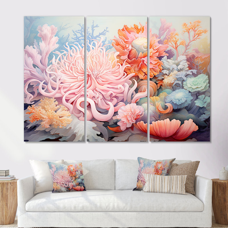 «Pink Anemone Symphony - Coastal Coral Under Water», art mural sur toile, Toile tendue, H 40 po x l 60 po x P 1 po