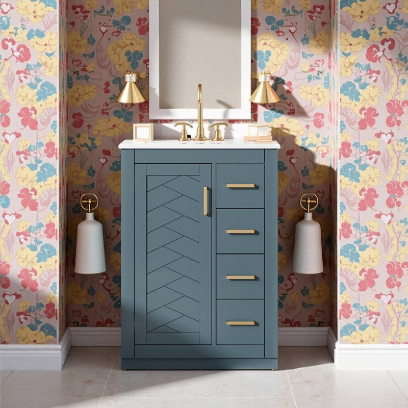 Meuble-lavabo de salle de bain en bois massif et céramique Aqua avec porte à fermeture douce et 3 tiroirs Aqua, Bleu