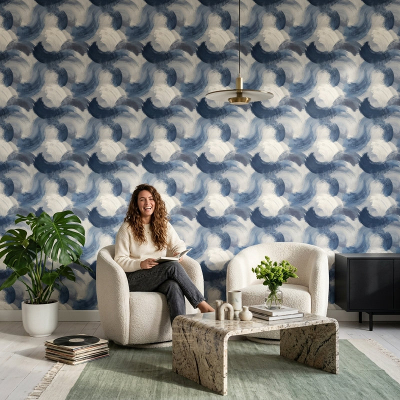Décoration murale abstraite à motif abstrait coups de pinceau bleu, Non tissé, non collé