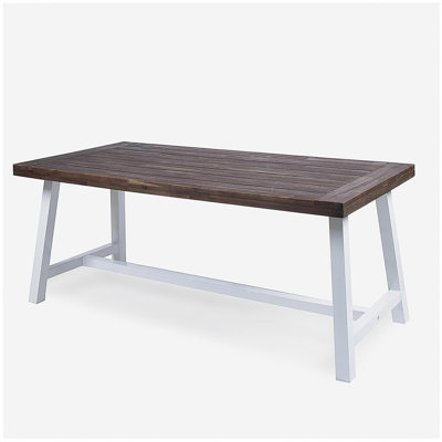 Outdoor Dark Brown Sandblast Finish Acacia Wood Dining Table with White Rustic Metal Finish Frame