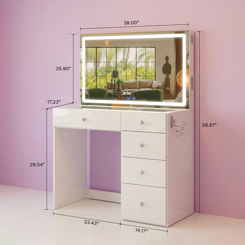 Boahaus Lyra Vanity Desk with LED Mirror and Built-In Speakers – Compact Makeup Vanity Designed as a Complete Dressing Station with Integrated Power