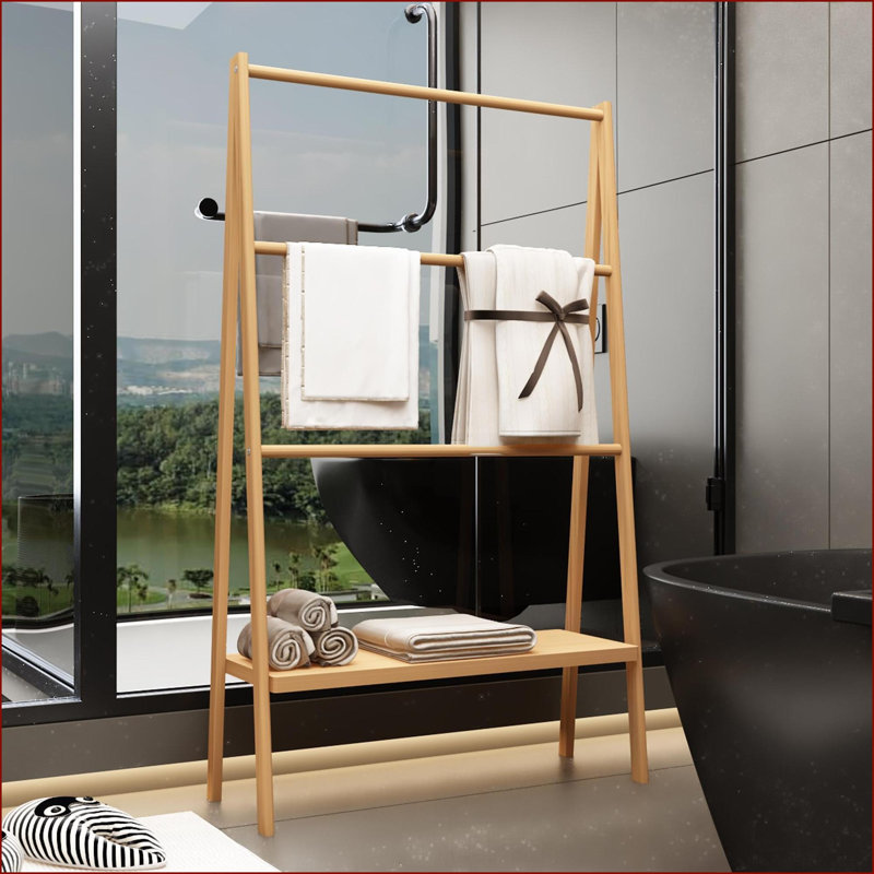 Bamboo Towel Rack Freestanding with Bottom Storage Shelf Outdoor Indoor | Neutral | Bathroom