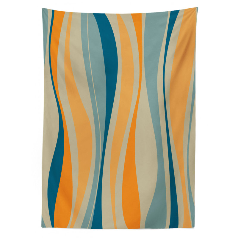 Ambesonne Vintage Tablecloth, Retro Vibrant Stripes Funky Lines Design Patterns Abstract Print, Rectangular Table Cover For Dining Room Kitchen Decor, 52" X 70", Petrol Blue Marigold