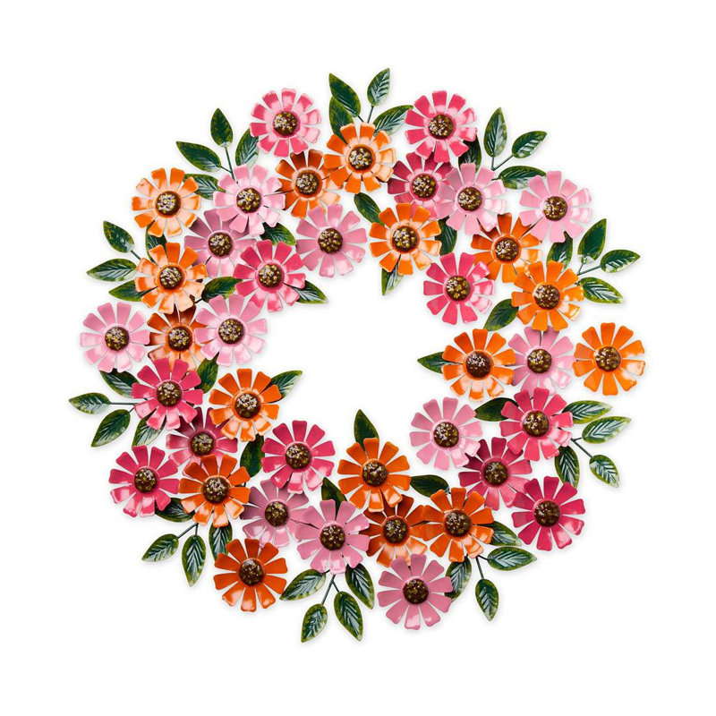 Couronne en métal fabriquée à la main de zinnias roses et oranges