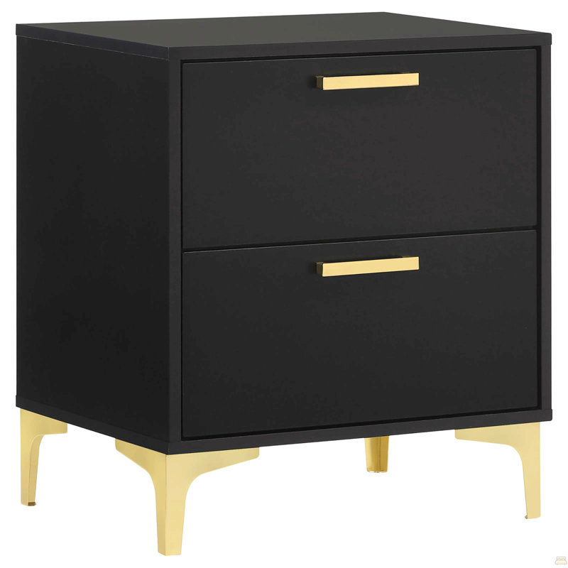 Black And Gold 2-Drawer Rectangular Nightstand, Black