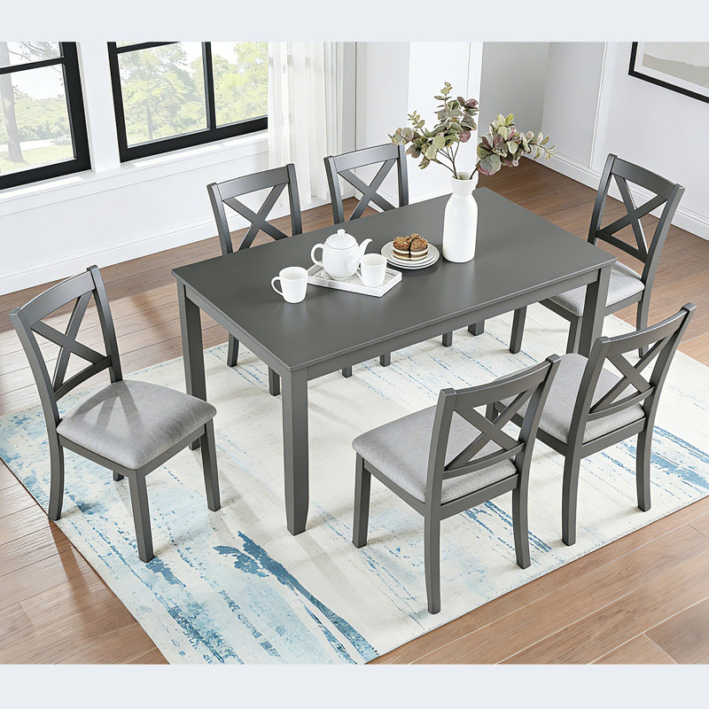 7-Piece Solid Wood Dining Table and Chairs Set, Modern 58.5 Inch Table with 6 Padded Chairs for Kitchen, Dining Room, Grey