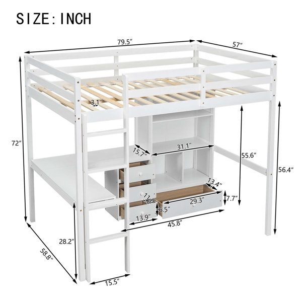 Latitude Run® Full Size Loft Wood Bed with Desk, Storage and Drawers ...