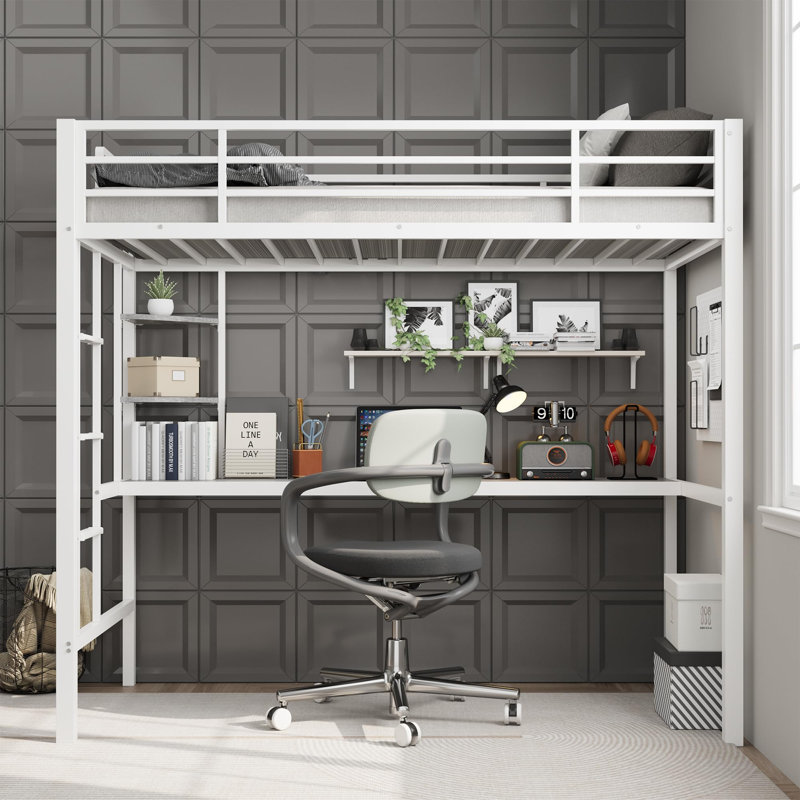 Lit mezzanine simple avec bureau et tablettes de rangement, lit mezzanine en métal robuste avec support à lattes en acier et échelle