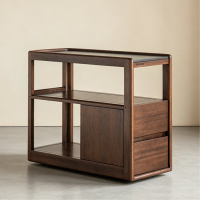 26.7"W Solid Walnut Assembled Mobile Brown End Table with Sintered Stone Tabletop,Storage Shelve,Drawer,Wheels