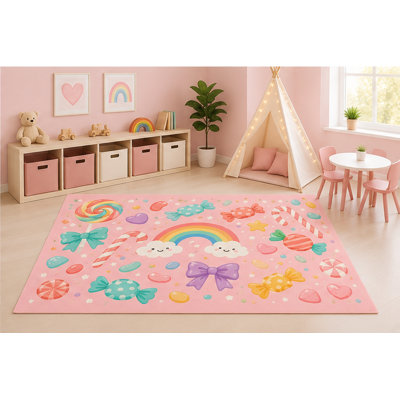 Tapis « Ultra Léger » 152 x 213 cm, motif arc-en-ciel de bonbons, idéal pour la chambre d'enfant, la crèche ou la salle de jeux. Décoration pastel kawaii avec sucettes, cannes de Noël et bonbons emballés. Dos antidérapant en silicone.