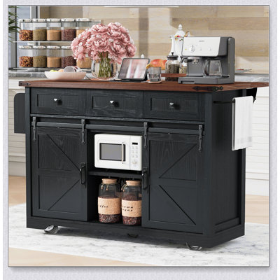 53.7 Inch Farmhouse Kitchen Island with Power Outlet, Sliding Barn Doors, and Drop Leaf for Versatile Storage and Convenience by August Grove