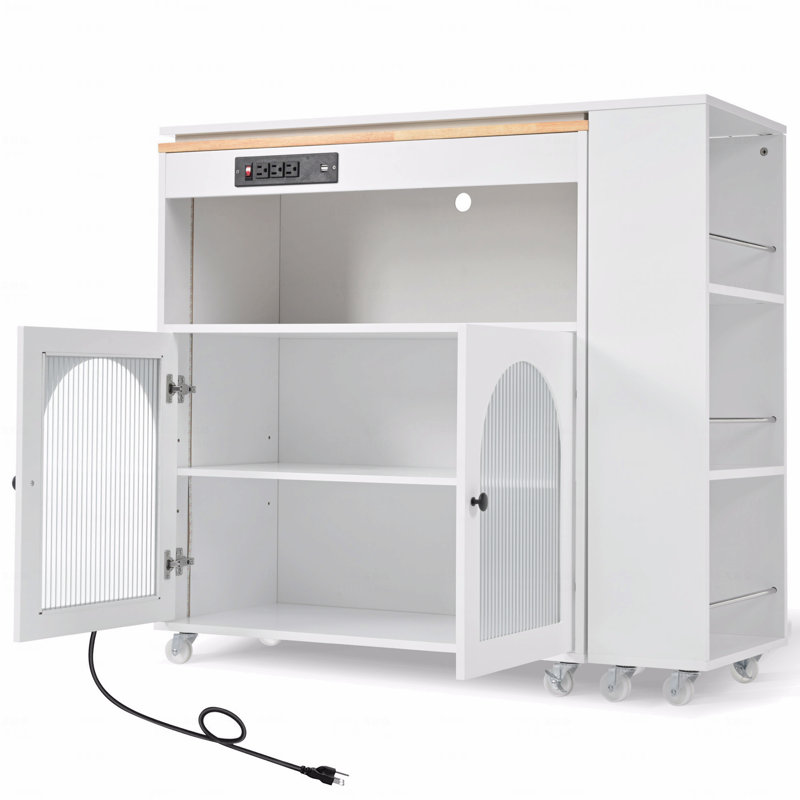 Kitchen Island Table, With Extended Table, On Wheels With Led Lights,Power Outlets And 2 Fluted Glass Doors, With A Storage Compartment And Side 3 Open Shelves