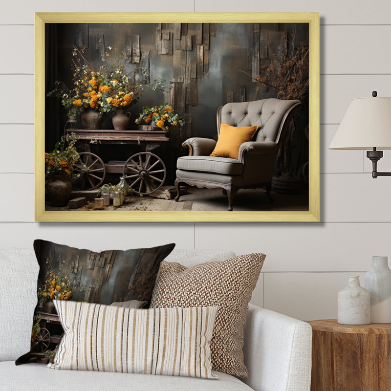 " Country Charm Rustic Serenity ", 12" H x 20" W x 1" D, Gold Single Picture Framed