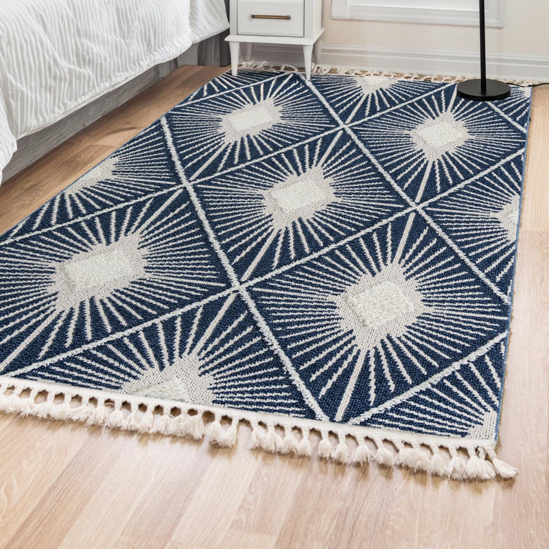 Geometric Machine Woven Runner 2'7 x 12' Polyester Area Rug in Blue, Rectangle 9'6" x 14'3"