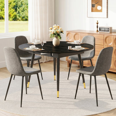 Ensemble de table de salle à manger extensible 53 po pour 4, 5 pièces Table de cuisine ronde à ovale avec 4 chaises en lin de haute qualité, pieds dorés pour les petits espaces