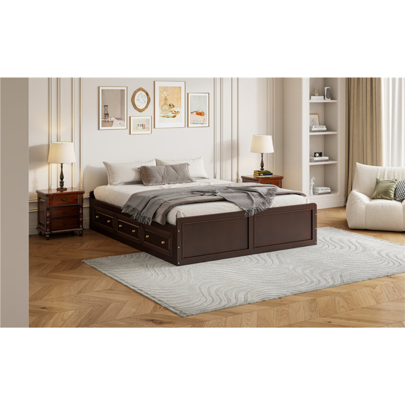 Structure de lit plateforme en bois avec 6 tiroirs, Espresso