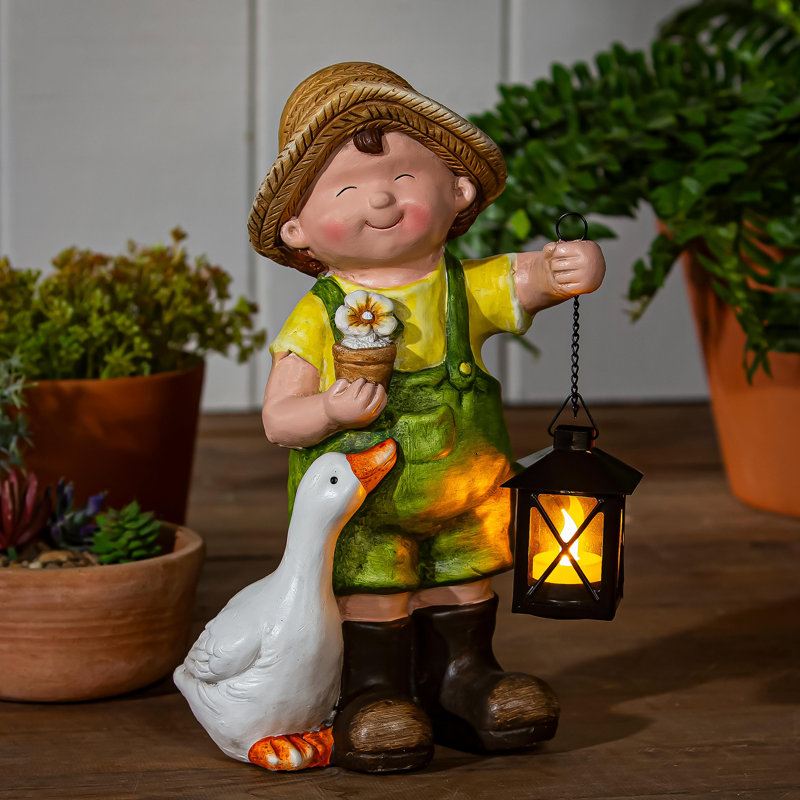Jardinier avec statue de canard de jardin, H 14 po