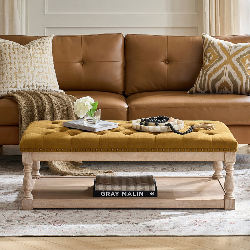 Clymer 47.5" Wide Tufted Rectangle Cocktail Ottoman with Storage Tray, Golden