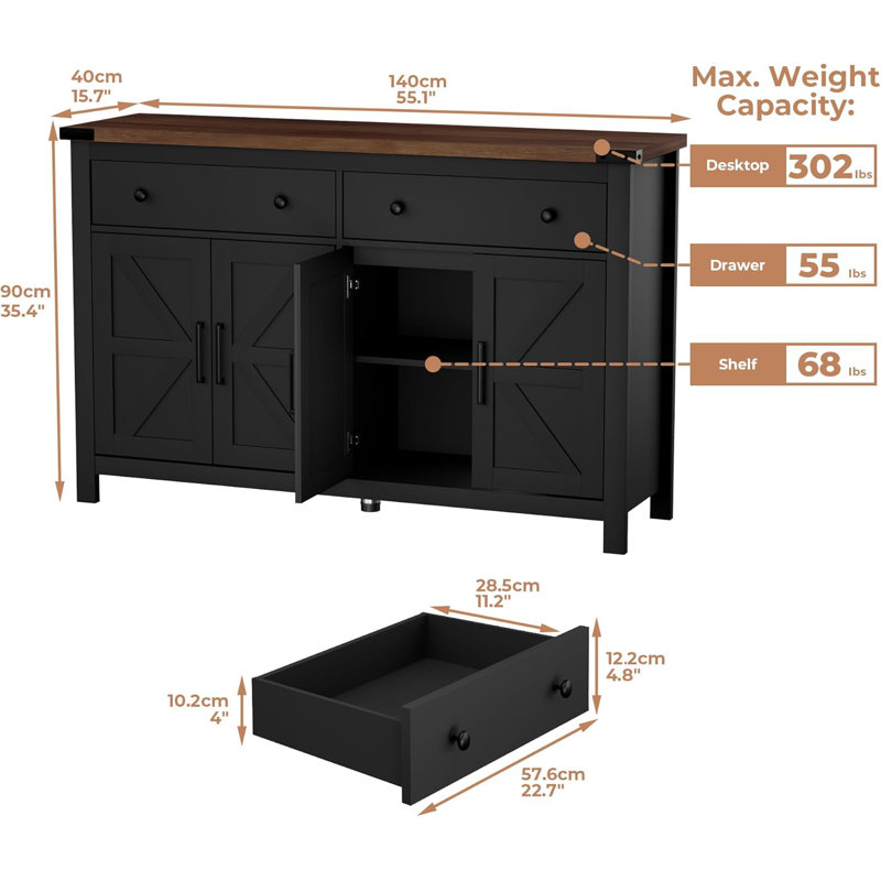 55" Sideboard Buffet Cabinet with Storage, Coffee Bar Cabinet with 2 Drawers and 4 Barn Doors, Black/Brown