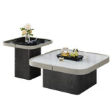Nesting Tables Set of 2, Square Coffee Table with Black Wood Base, Stone Side Table