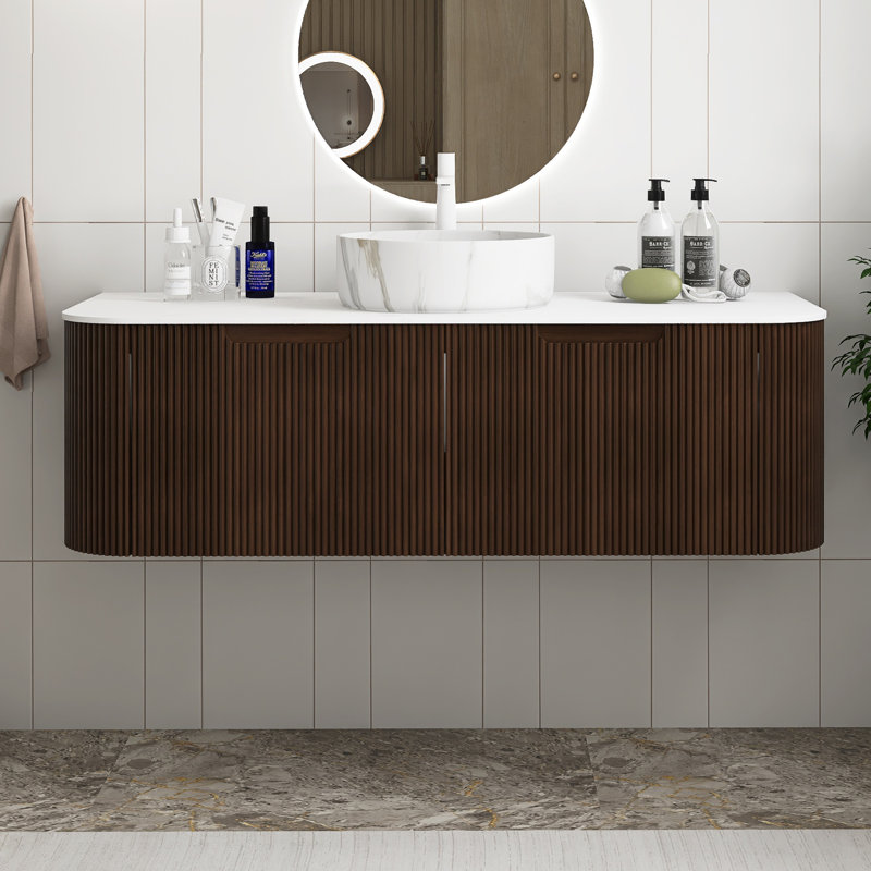 Meuble-lavabo mural 48 po pré-assemblé en grain de bois noyer foncé avec lavabo rond en céramique blanche et motif de pierre