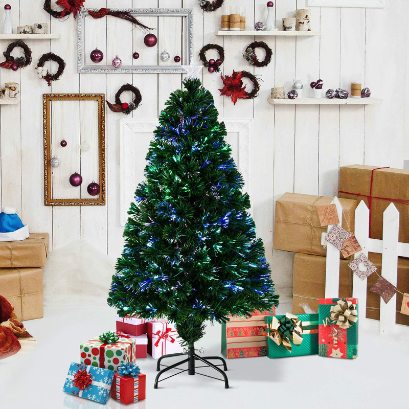 Xmas Pre-Lit Green Pine Artificial Christmas Tree with Multi-Coloured Lights and Stand, 4' H