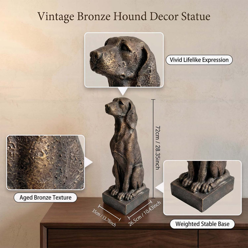 Statue de chien de chasse assis en bronze rétro, sculpture de chien en résine 29 po pour décor de maison de campagne et de style occidental