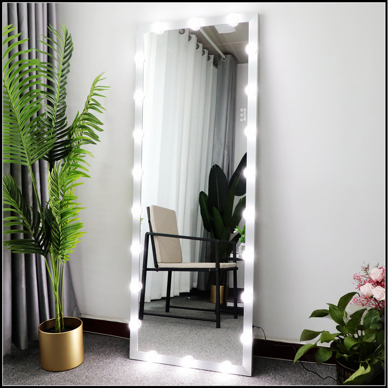 Wall Standing Full Length Mirror With LED Bults, Touch Control, And 3 Color Lights For Dressing And Vanity, White